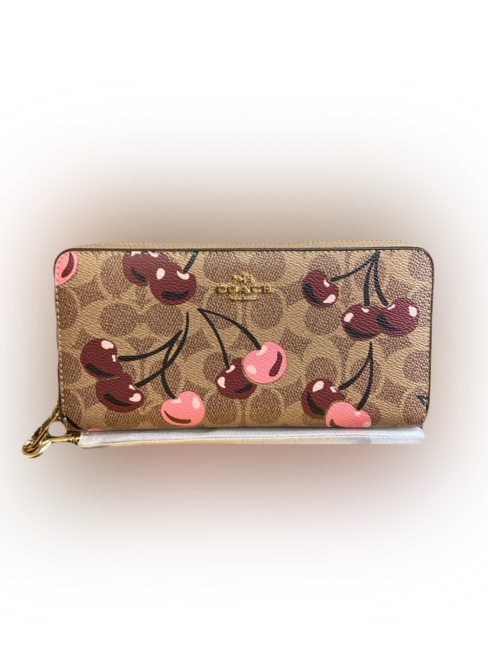 Coach Long Zip Around Wallet Signature Canvas Cherry Print Khaki Style #CZ328